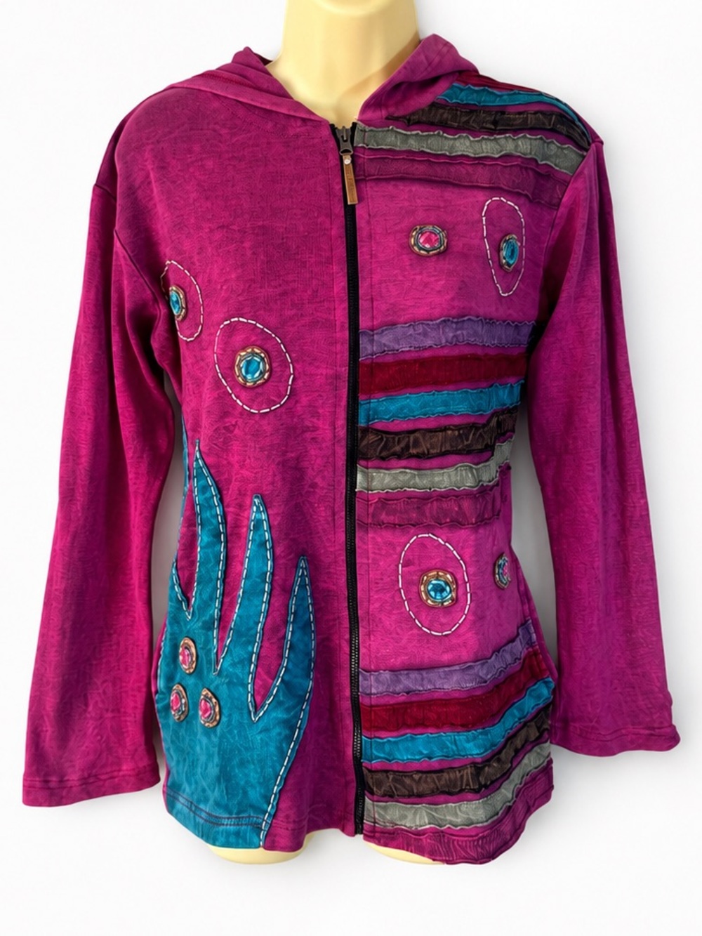 Kyber Outerwear Boho Patchwork Zip Front Hoodie Women’s Medium Nepal Cotton